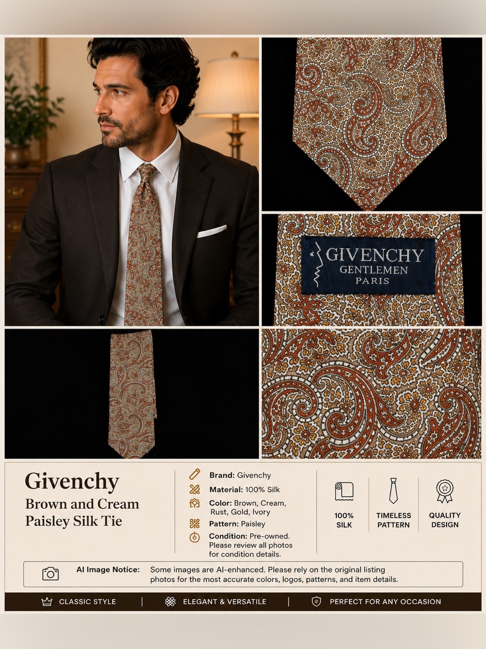 Givenchy Brown and Cream Paisley Silk Tie